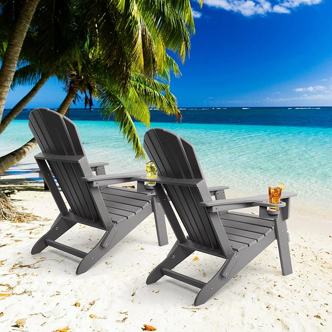 FUNBERRY Folding Adirondack Chair Set of 2, HDPE All Weather Fire Pit Chairs with Cup Holder for Outdoor