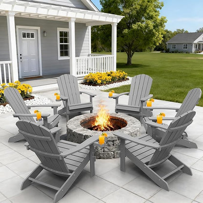 YEFU Adirondack Chairs with Cup Holders: Set of 6 Fire Pit Chairs Plastic with Wood Texture - Sturdy All-Weather HIPS for Patio Backyard Lawn - Easy Assembly Outdoor Furniture(Grey)