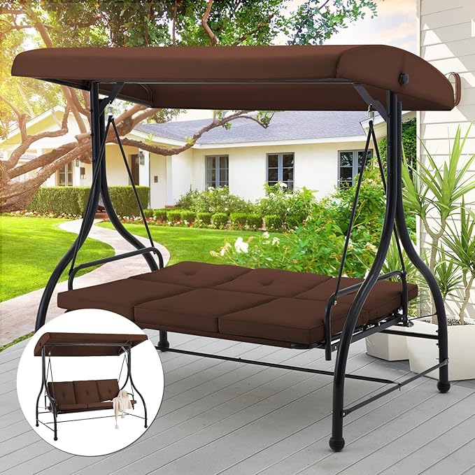 AECOJOY Porch Swing Chair, 3 Seats Porch Swing Adjustable Backrest & Canopy Outdoor Swing with Stand Patio Swing Bed with Removable Brown Cushions