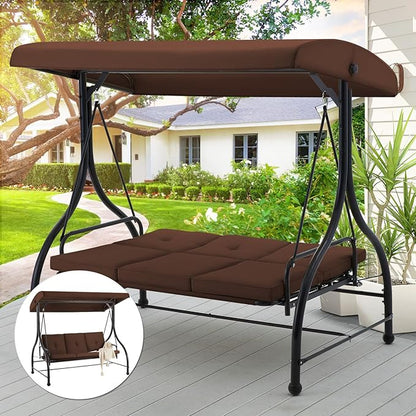 AECOJOY Porch Swing Chair, 3 Seats Porch Swing Adjustable Backrest & Canopy Outdoor Swing with Stand Patio Swing Bed with Removable Brown Cushions