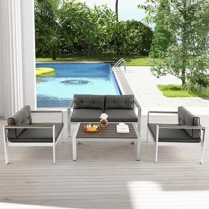 Tangkula Aluminum Outdoor Coffee Table, Modern Rectangular Cocktail Table with Plastic Wood Tabletop & Rustproof Aluminum Frame, All-Weather Accent Table for Patio, Poolside, Garden (Grey)