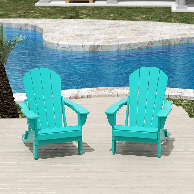 Costaelm Folding Patio Chairs Set of 2, Hdpe Adirondack Chairs Front Porch Furniture Outdoor Seating, All Weather Tanning Chair for Backyard Firepit Garden Lawn, Turquoise