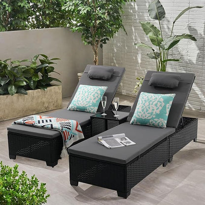 3 PCS Patio Chaise Lounge with Coffee Table Cushion&Pillow Outdoor Lounge Chair Chaise Lounger Patio Reclining Chair 5 Angle Adjustment Black PE Rattan for Courtyards Poolside (Dark Gray)