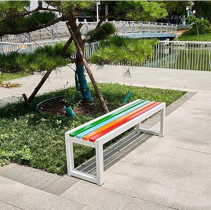 2-3 Person Outdoor Garden Benches, Backless Weatherproof Seat Benches, Metal Frame Patio Park Bench with Slatted Seat, 880 lbs Capacity(39.5 inch, White Colorful)