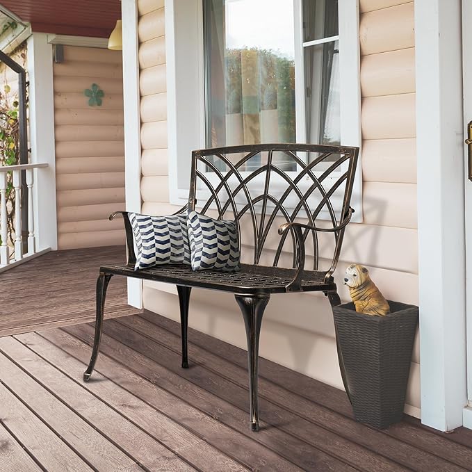 VINGLI 38" Outdoor Metal Bench, Cast Aluminium Garden Bench, Weatherproof Antique Finish Orchid Chair - Photo 8