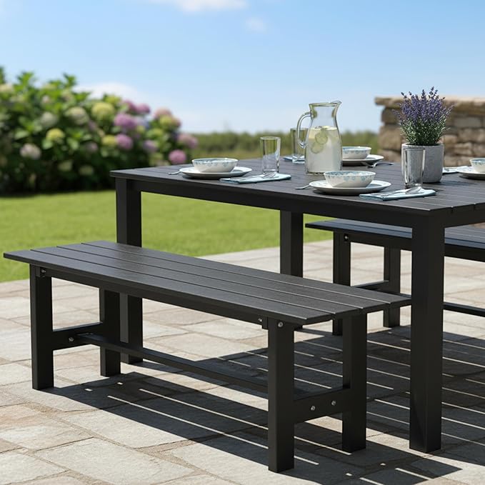 Tangkula 47 Inch HDPE Outdoor Bench Backless, Patio Garden Dining Bench with Slatted Seat & Heavy-duty Metal Frame, 660 LBS Capacity, Weatherproof Outside Bench for Park, Yard, Entryway & Porch, Black