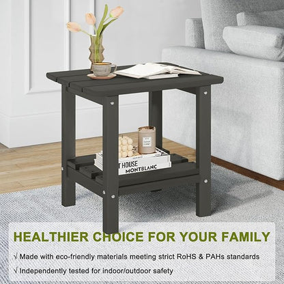 Adirondack Outdoor Side Table, 2-Tier Small Patio End Table, Weather Resistant HDPE Outdoor End Tables for Garden, Lawn, Pool, Beach, Porch, Deck, Backyard - Square, Dark Gray