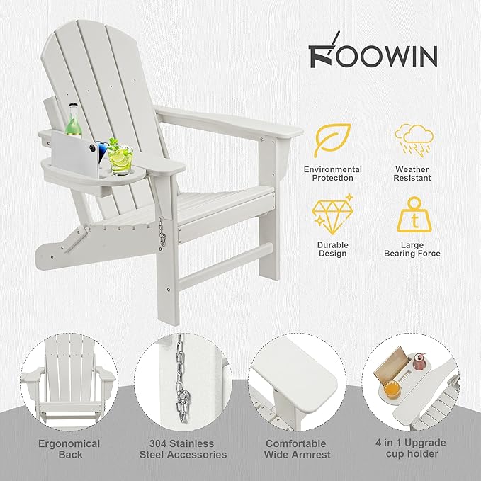 FOOWIN Folding Adirondack Chair Set of 2, HDPE Adirondack Chairs with Cup Holder, Weather Resistant Plastic Fire Pit Chairs for Outdoor, Patio, Lawn, Garden, Backyard, Deck, White