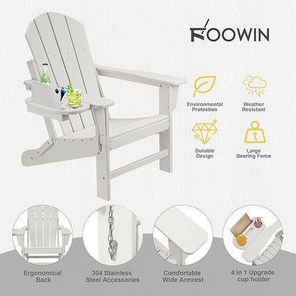 FOOWIN Folding Adirondack Chair, HDPE Adirondack Chairs with Cup Holder, Weather Resistant Plastic Fire Pit Chairs for Outdoor, Patio, Lawn, Garden, Backyard, Deck, White