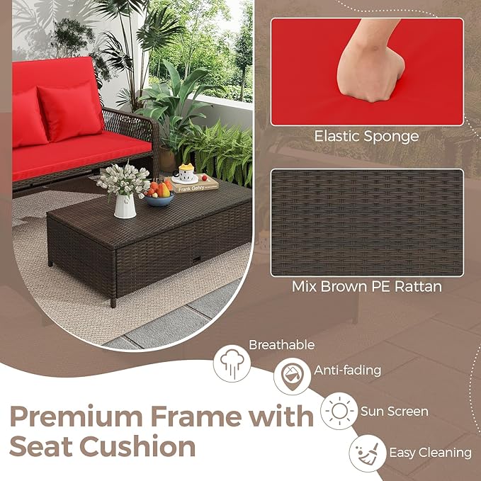 LDAILY Moccha Outdoor Daybed, PE Rattan Double Chaise Lounge w/ 4-Level Adjustable Back, Storage Ottoman, Cushions & Pillows, Separated Seating, Wicker Sunbed for Garden Patio Furniture Set (Red)