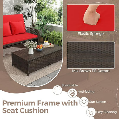 LDAILY Moccha Outdoor Daybed, PE Rattan Double Chaise Lounge w/ 4-Level Adjustable Back, Storage Ottoman, Cushions & Pillows, Separated Seating, Wicker Sunbed for Garden Patio Furniture Set (Red)