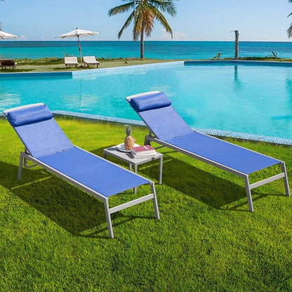 Domi Patio Chaise Lounge Set, Aluminum Pool Lounge Chairs with 5 Adjustable Position, Breathable Textilene Fabric, Sunbathing Pool Chairs with Headrest and Side Table, Blue
