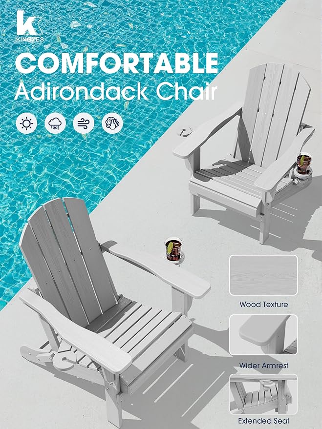 KINGYES Folding Adirondack Chair Set of 2, Dual Cup Holders & All-Weather HDPE, Wood-Like Patio Chair for Backyard, Camping, Pool & Fire Pit, Silver Grey