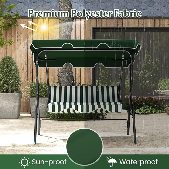 RELAX4LIFE 3-Person Porch Swing Chair - Outdoor Swing w/Adjustable Canopy, Removable Cushion & Metal Frame Stand - Photo 5