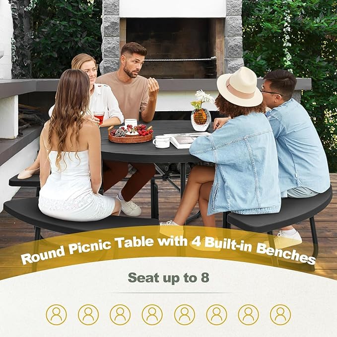 Round Picnic Table for Outdoors, 8 Person Outdoor Picnic Tables & Benches Set with Umbrella Hole - Photo 4