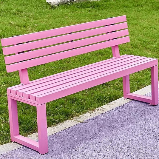 Outdoor Garden Bench, Metal Bench with Backrest, Park Patio Bench, Wooden Stool Surface, for Porch, Yard, Park, Lawn(Pink,100cm/39.3in)