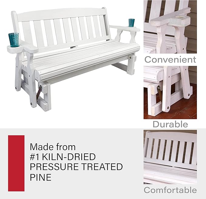 Amish Heavy Duty 800 Lb Mission Pressure Treated Porch Glider with Cupholders (4 Foot, Semi-Solid White Stain) - Photo 6