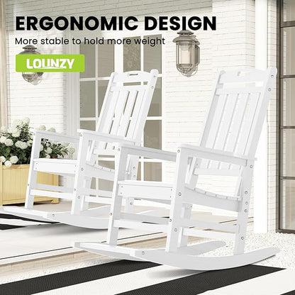 LOUNZY Outdoor Rocking Chair with Footboards Set of 8, HDPE Rocking Chair Patio Porch Rocker with 380lbs Support for Adult, White