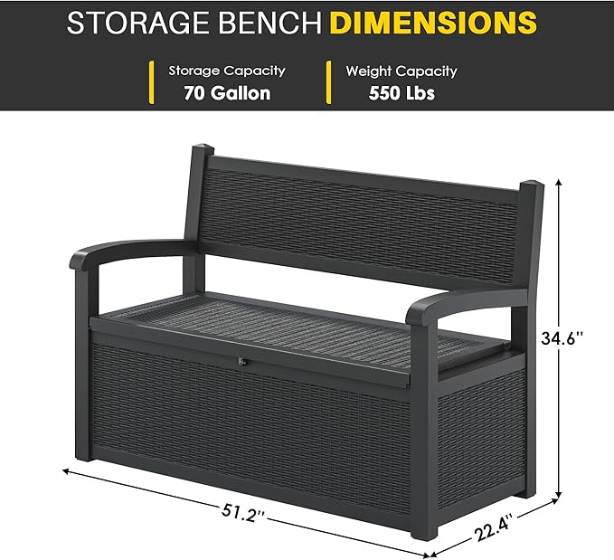 LHBcraft 70 Gallon Deck Bench with Storage, Outdoor Storage Box Bench Waterproof&Lockable - Photo 3