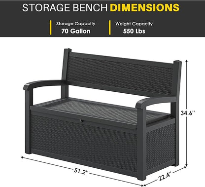 LHBcraft 70 Gallon Deck Bench with Storage,Outdoor Storage Box Bench Waterproof&Lockable, Resin Patio Furniture with Armrest for Patio, Porch, Garden,Black