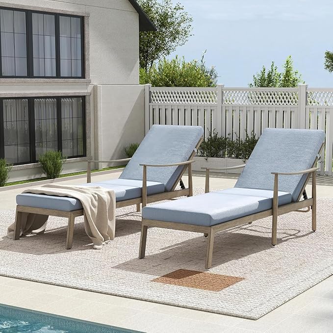 HAPPATIO Outdoor Chaise Lounge Chair Set of 2, Aluminum Pool Chair with Adjustable Backrest and Cushion, Curved Armrest - Photo 1