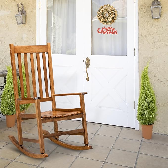 Square Wooden Rocking Chair Classic Comfort Durable Solid Wood Frame Easy Assembly Relaxing Morning Coffee & Conversations for Indoor Outdoor Front Porch Backyard Lawn Garden Original Color