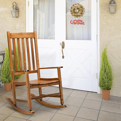 Square Wooden Rocking Chair Classic Comfort Durable Solid Wood Frame Easy Assembly Relaxing Morning Coffee & Conversations for Indoor Outdoor Front Porch Backyard Lawn Garden Original Color