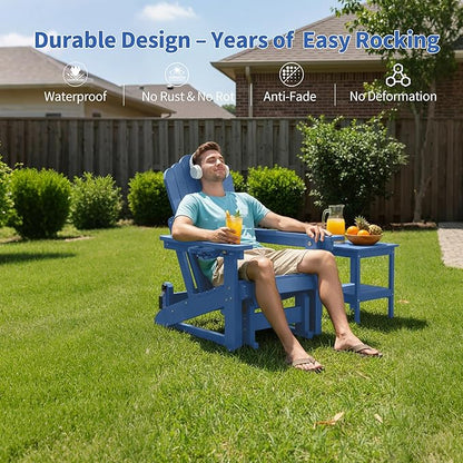HDPE Outdoor Glider Chair,3-Position Adjustable Backrest Patio Glider, All-Weather Glider Rocker Chair with Cup Holders,Porch Glider for Outside,Deck,Fire Pit, Poolside,400LBS Capacity (Blue)