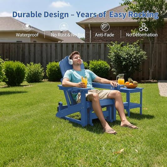 HDPE Outdoor Glider Chair Set of 2,3-Position Adjustable Backrest Patio Glider, All-Weather Glider Rocker Chair with Cup Holders,Porch Glider for Outside,Deck,Fire Pit, Poolside,400LBS Capacity (Blue)