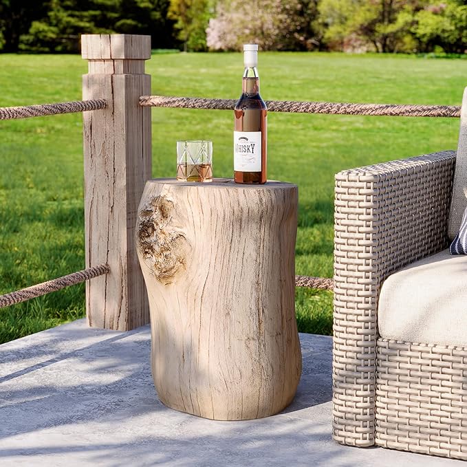 HOMPUS Concrete Outdoor Side TableSet of 2, 2 Piece Tree Stump Modern Round Coffee Table Accent Table Set Plant Stand Faux Wood End Table Garden Stool for Patio,Home Decor, Living Room, White Oak