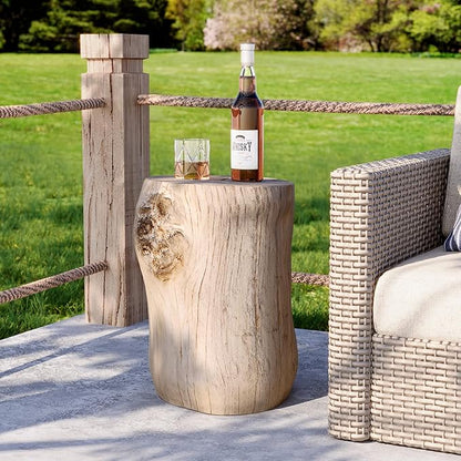 HOMPUS Concrete Outdoor Side TableSet of 2, 2 Piece Tree Stump Modern Round Coffee Table Accent Table Set Plant Stand Faux Wood End Table Garden Stool for Patio,Home Decor, Living Room, White Oak