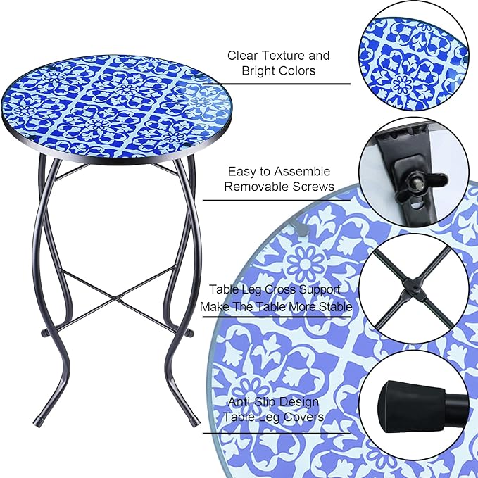12 Inch Small Outdoor Side Table with Blue-White Mosaic, Glass Mosaic Patio Table Indoor - Photo 3
