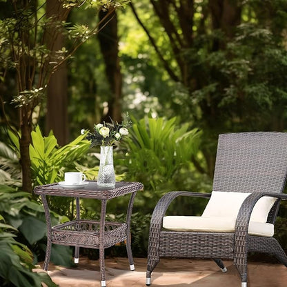 Outdoor Side Table Wicker Outdoor End Table for Patio Outside Brown Patio Coffee Square Tables with Storage & Glass Top for Backyard Porch