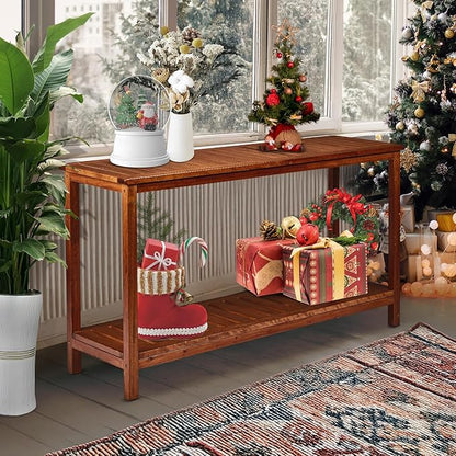 VINGLI 49in Solid Wood Outdoor Console Table, 2-Shelf Wooden Outdoor Accent Plant Table Multifunctional Buffet Bar Storage Organizer for Indoor Patio Porch and Entryway (Natural)