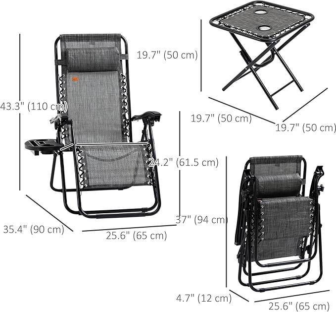 Outsunny Zero Gravity Chair Set with Side Table, Folding Reclining Chair with Cupholders & Pillows, Adjustable Lounge Chairs for Pool, Backyard, Lawn, Beach, Gray