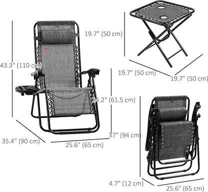 Outsunny Zero Gravity Chair Set with Side Table, Folding Reclining Chair with Cupholders & Pillows, Adjustable Lounge Chairs for Pool, Backyard, Lawn, Beach, Gray