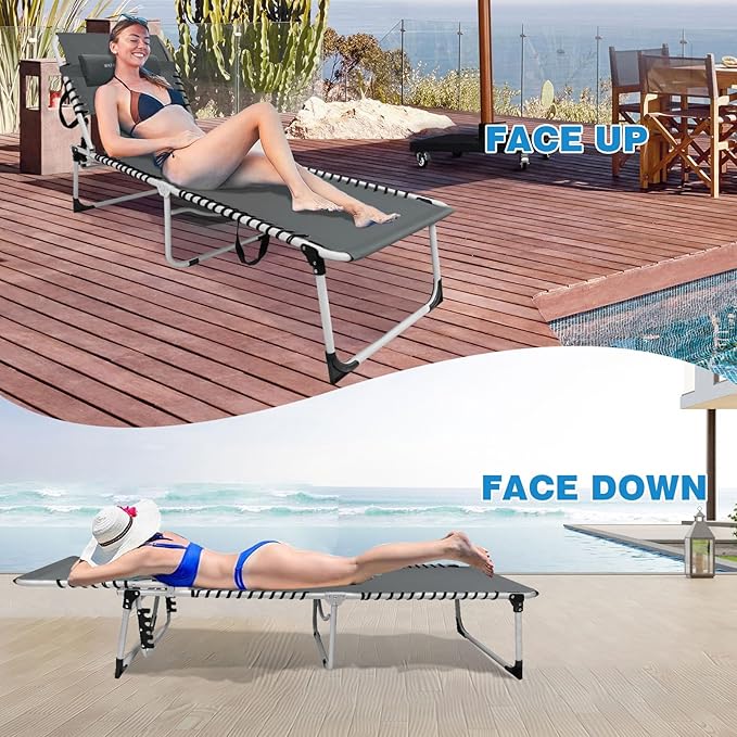 Sun Tanning Chair with Face Hole 5-Position Folding Lounge Chair Outdoor with Portable Beach Table for Poolside Sunbathing Camping Lawn Backyard