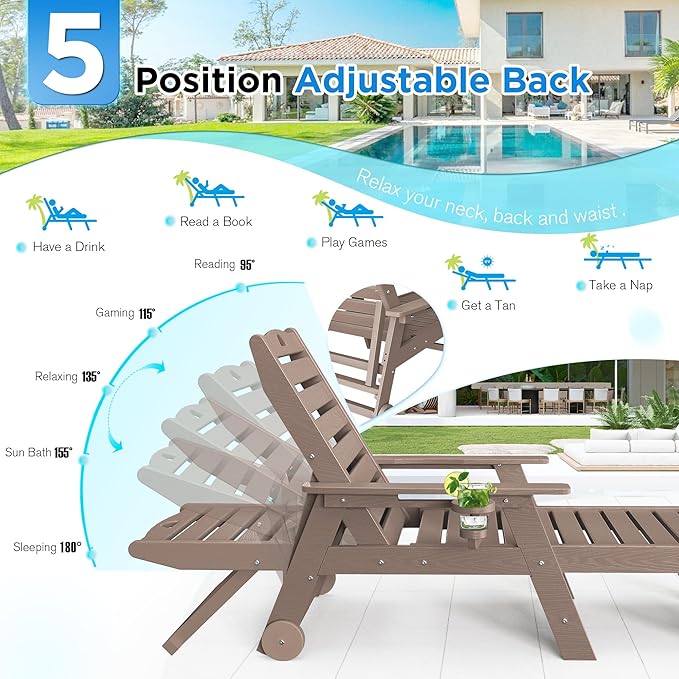 nalone HDPE Chaise Lounge Chair Outdoor with Wheels & Cup Holder, Pool Lounge Chairs with 5-Position Adjustable Backrest, Supports Up to 400 LBS for Patio Poolside Deck Beach Backyard(Grey Brown)