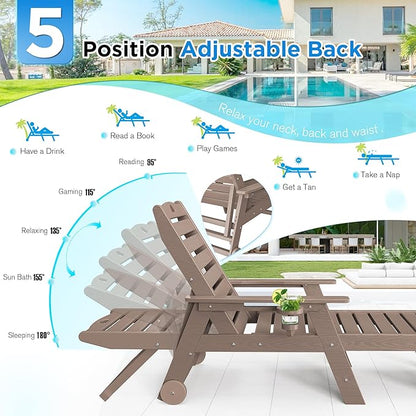 nalone Outdoor Chaise Lounge Chair Set of 2 with Wheels & Cup Holder, HDPE Pool Lounge Chairs with 5-Position Adjustable Backrest Supports Up to 400 LBS for Patio Poolside Deck Beach (Grey Brown)
