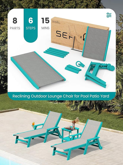 SERWALL Patio Chaise Lounge Chair, 5 Positions Outdoor Lounger for Pool, Textilene Lounge Chair with Rolling Wheels for Poolside, Deck, Aqua Blue