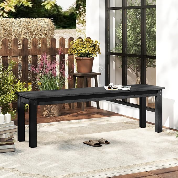 Tangkula HDPE Outdoor Bench, 2-3 Person Patio Bench, 55" Backless Garden Dining Bench with Slatted Seat, Weatherproof Park Bench for Entryway, Porch, Lawn & Backyard (Black,2)