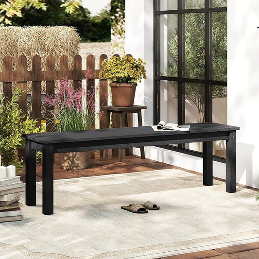 Tangkula HDPE Outdoor Bench, 2-3 Person Patio Bench, 55" Backless Garden Dining Bench with Slatted Seat, Weatherproof Park Bench for Entryway, Porch, Lawn & Backyard (Black,1)
