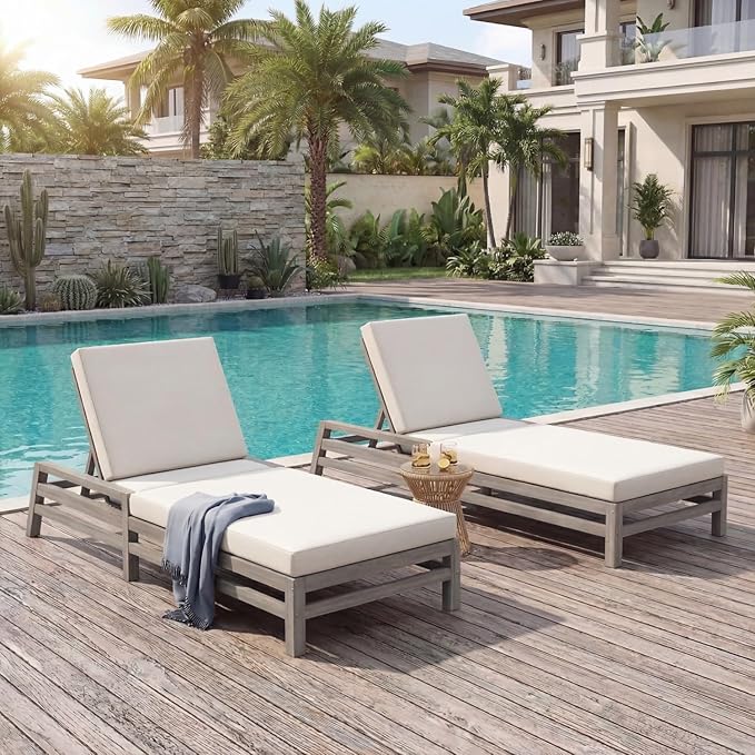 Outdoor Chaise Lounge Chair Set of 2, Patio Chaise Lounge Recliner with Adjustable Backrest, Acacia Wood Poolside Chaise Lounge with Thick All-Weather Cushions for Patio, Deck and Backyard(A)