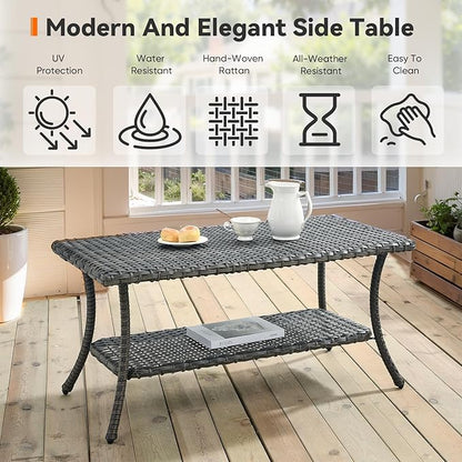 Wicker Outdoor Coffee Table,Rattan Outdoor Coffee Table with 2-Layer Storage Furniture Tables for Garden,Porch,Backyard