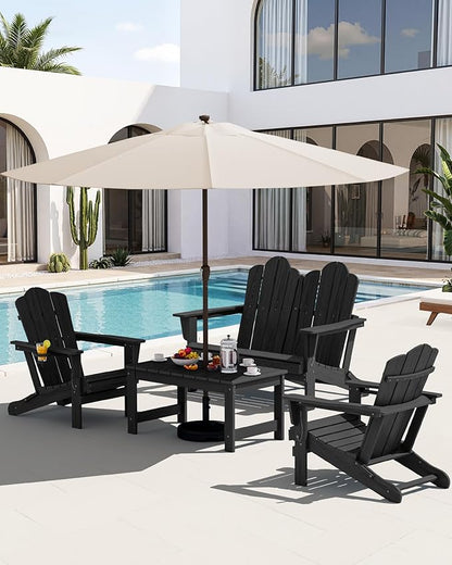 SERWALL 5 Pieces HDPE Patio Adirondack Chair Set, 2 Adirondack Chair with Cup Holder & 2 Adirondack Bench & 1 Coffee Table with Umbrella Hole, Black