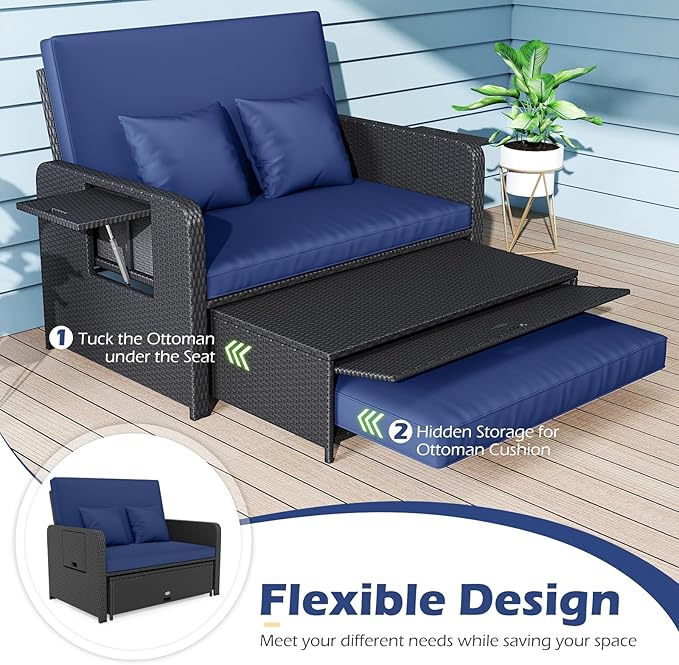 COSTWAY Patio Rattan Daybed with Cushions, Outdoor Wicker Loveseat Sofa with Storage Ottoman - Photo 7
