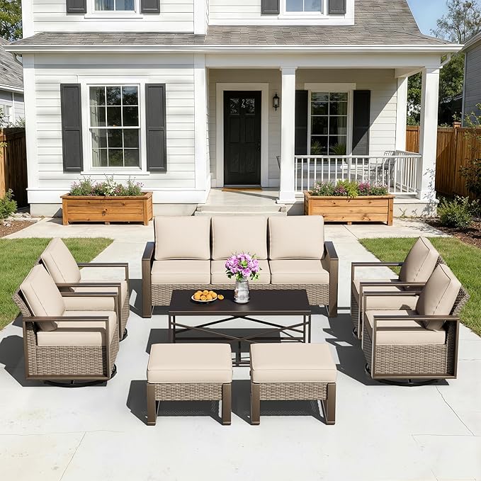 8 Pieces Metal Wicker Patio Furniture Set - 75" Sofa, Four Swivel Chairs and Two Ottomans - Photo 9