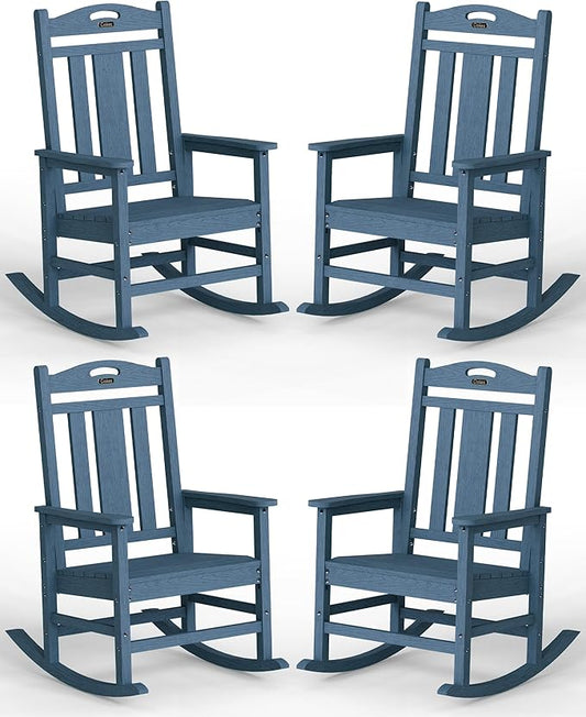 Ciokea Oversized Outdoor Rocking Chairs Set of 4, 380lbs Heavy-Duty Large Patio Rocker, High Back Cozy Porch Chairs, Weather Resistant Patio Rocking Chairs for Outside, Fire Pit, Deck, Slate Blue