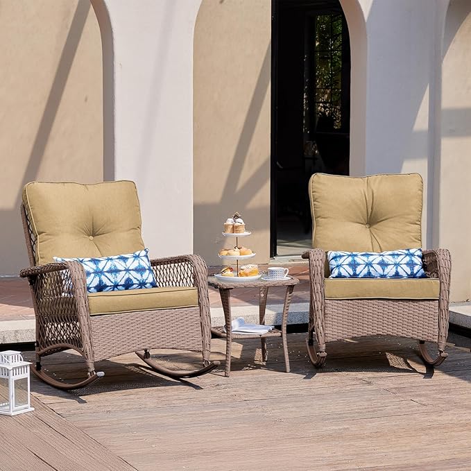 UDPATIO 3 Piece Patio Furniture Set, Wicker Rocking Bistro Set with 2 Rockers, 1 Side Table and 4‘’ Thick Cushions for Backyard, Porch, Balcony, Poolside, Brown/Khaki