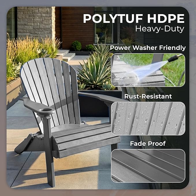 Ecommersify Folding Adirondack Chair with Cup Holder - (Dark Gray) - Heavy Duty Recycled Poly Lumber Folding Chair - Amish Crafted Outdoor Furniture - Made in USA